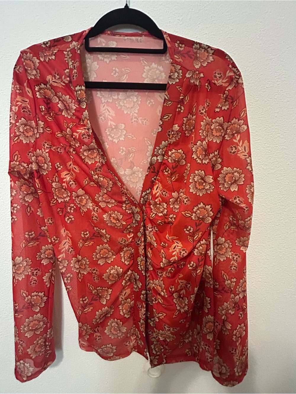 SHEIN Red Floral Tie-Front Sheer Blouse